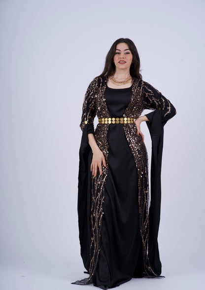 Newroz Kurdish Dress – Black & Gold Sequin Embroidery with Adjustable Satin Silk Kiras