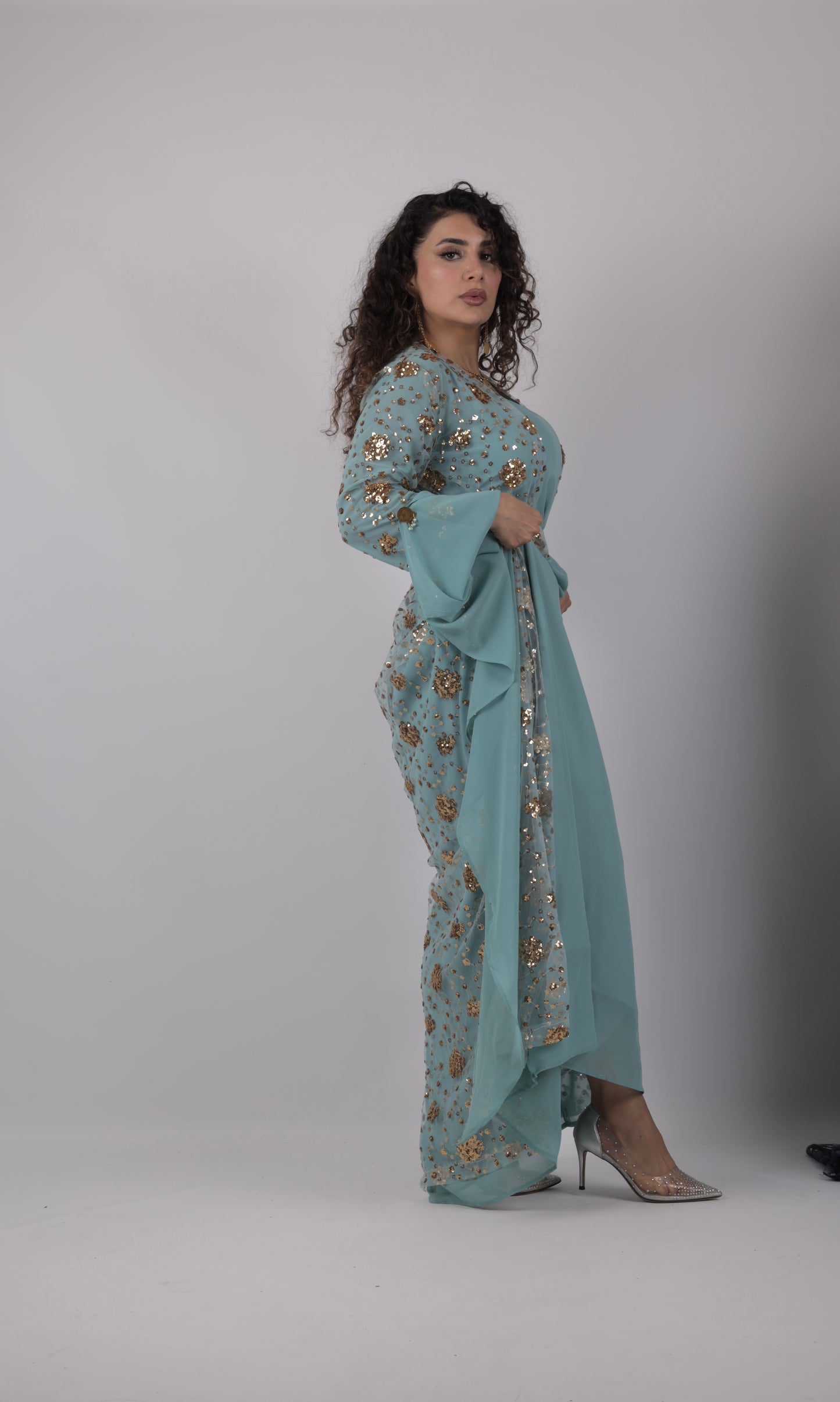 Chro Collection – Sky Blue Kurdish Dress with Golden Sequin Flowers ( 3 items)