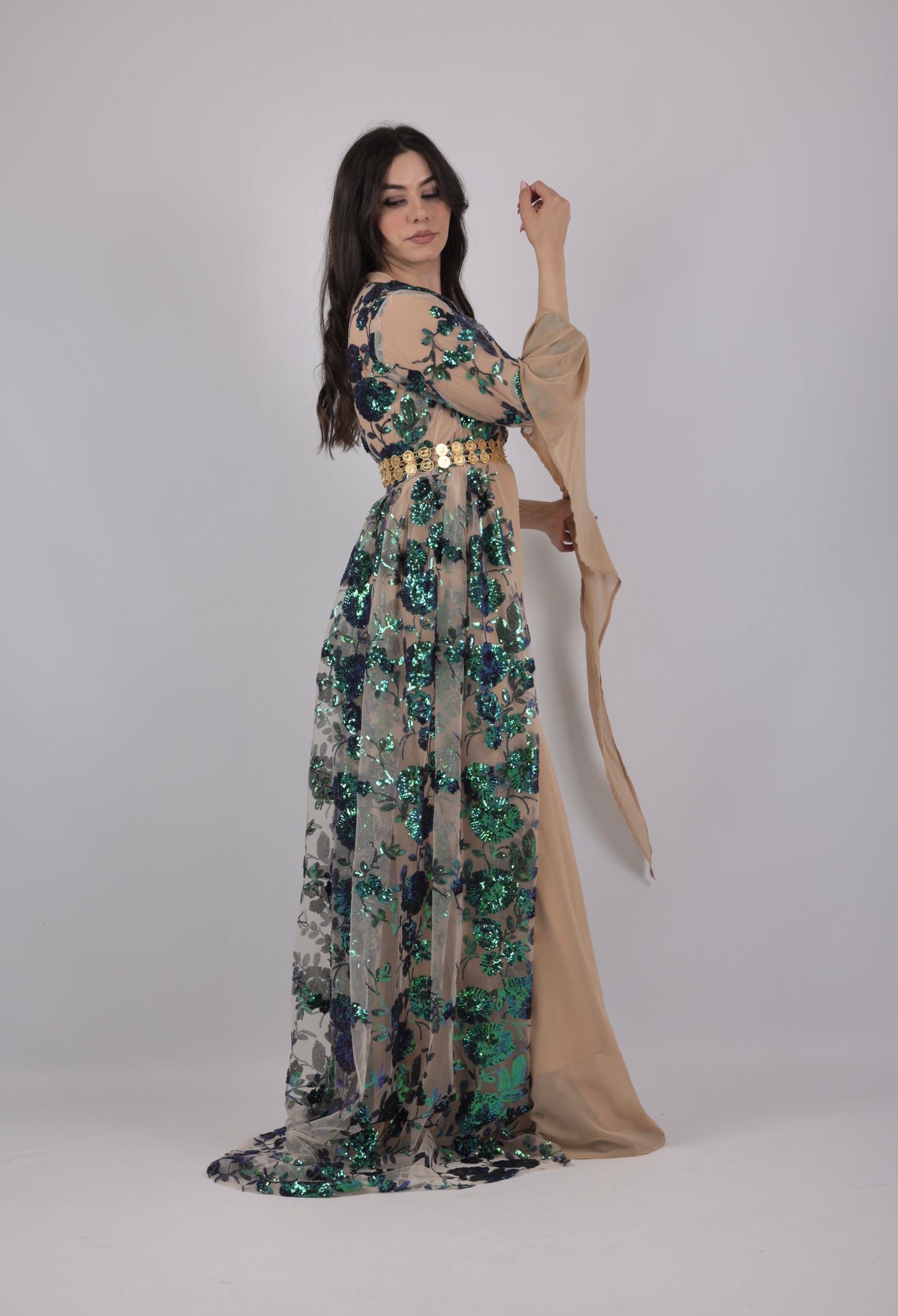Dildar Kurdish Dress – Badini Style in Green Blue Sequins