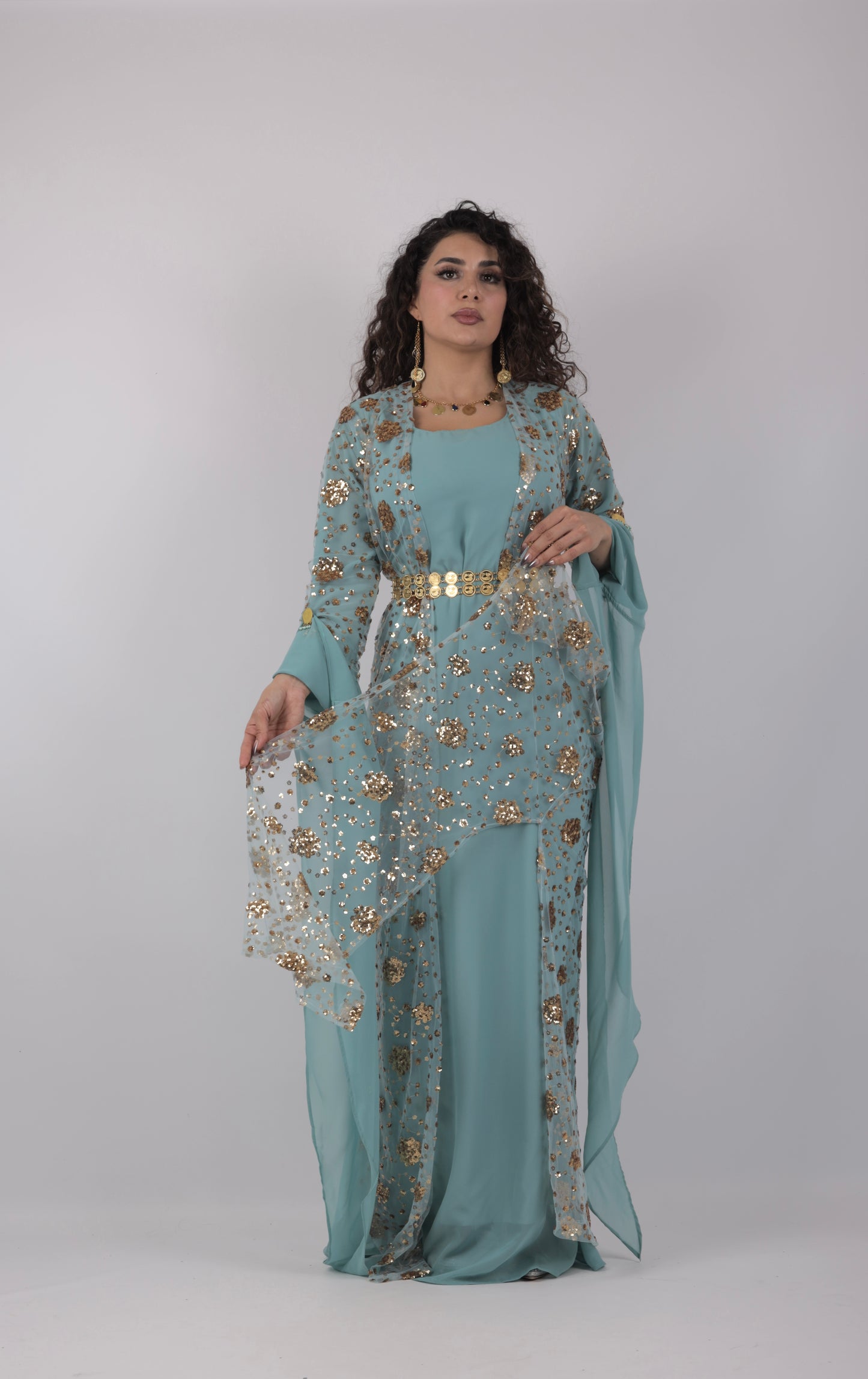 Chro Collection – Sky Blue Kurdish Dress with Golden Sequin Flowers ( 3 items)