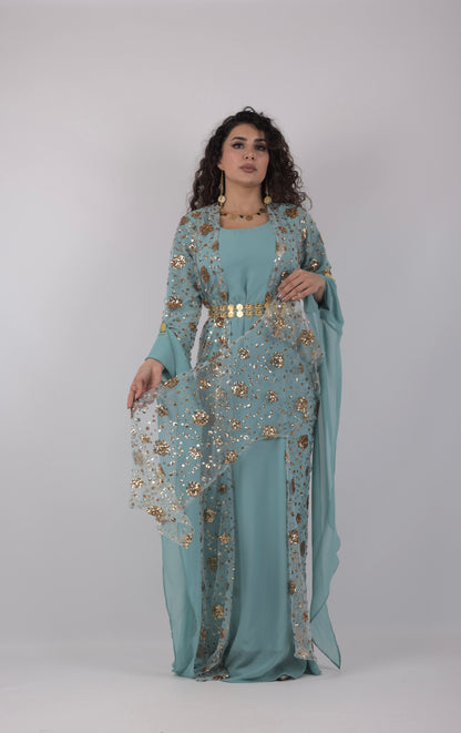 Chro Collection – Sky Blue Kurdish Dress with Golden Sequin Flowers ( 3 items)