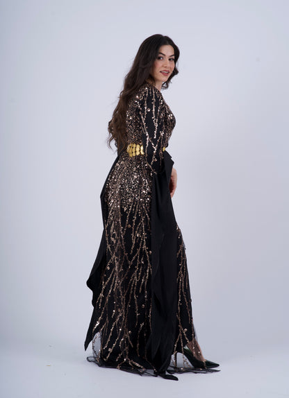 Newroz Kurdish Dress – Black & Gold Sequin Embroidery with Adjustable Satin Silk Kiras