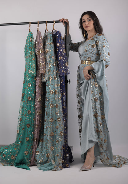 Chro Collection Badini Model – Blue Kurdish Dress with Golden Flowers (2-Piece Set)