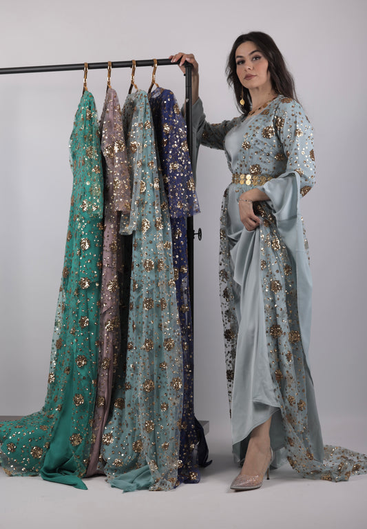 Chro Collection Badini Model – Blue Kurdish Dress with Golden Flowers (2-Piece Set)