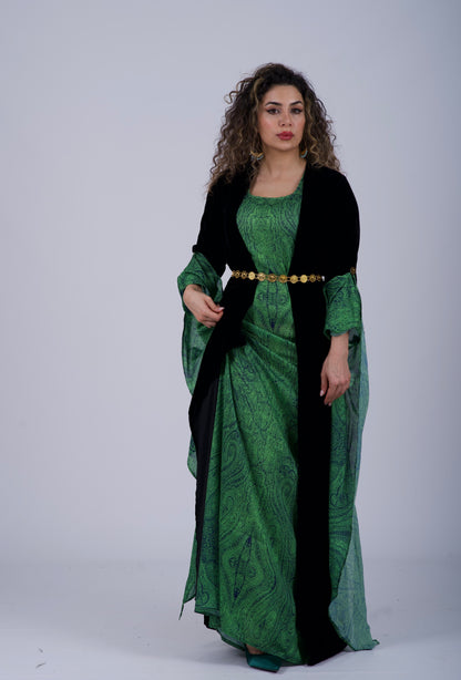 Green Silk Satin Kurdish Dress – Elegant & Traditional Design