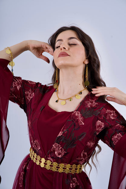 Badini KurdishDress– Burgundy with Dark Green Flowers