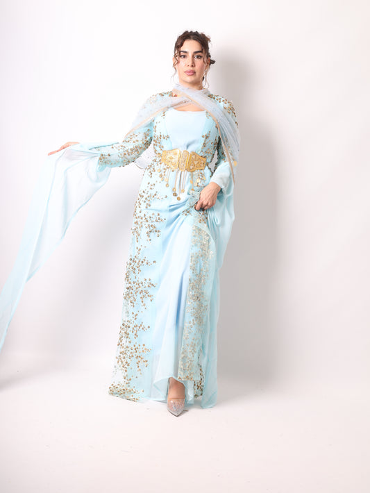 Shkofa Baby Blue Kurdish Dress with Gold Sequin Flowers – 4-Piece Set with Dasmal