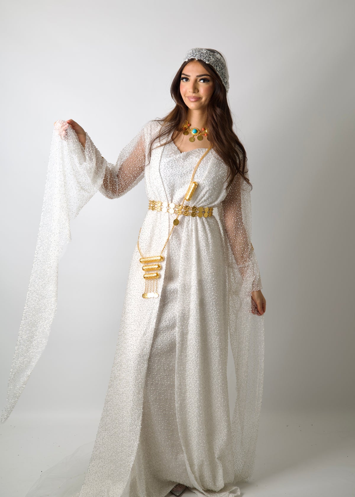 White pearls Luxury Kurdish Dress for Bride