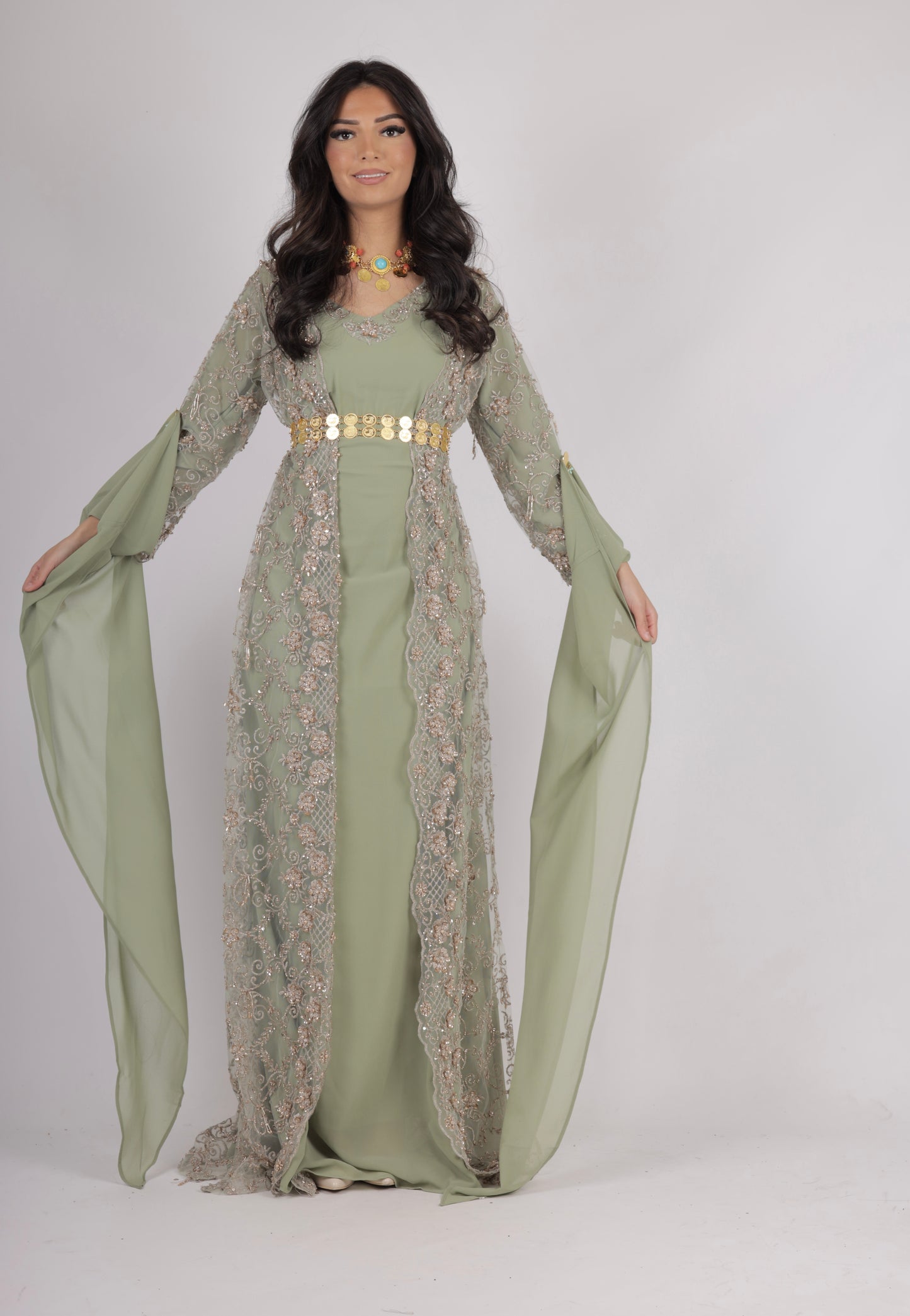 Awaz Kurdish Dress Light  Green  Golden  hand beaded