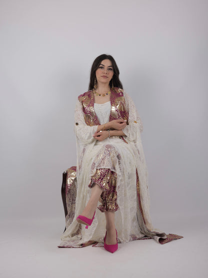 🩷 Zerin Collection – 5-Piece Kurdish Dress Set (Golden, Maroon Off-White)