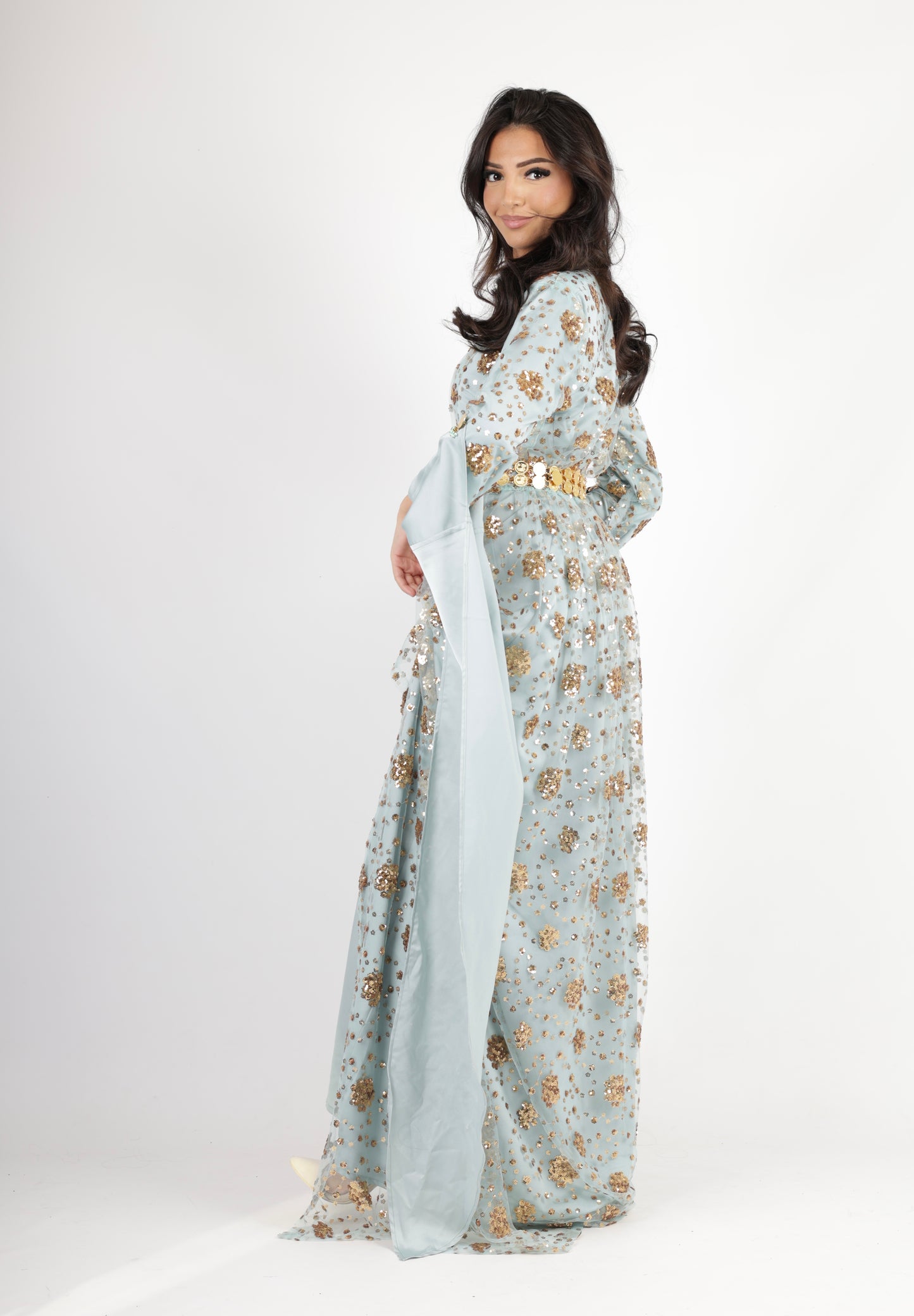 Chro Collection Badini Model – Blue Kurdish Dress with Golden Flowers (2-Piece Set)