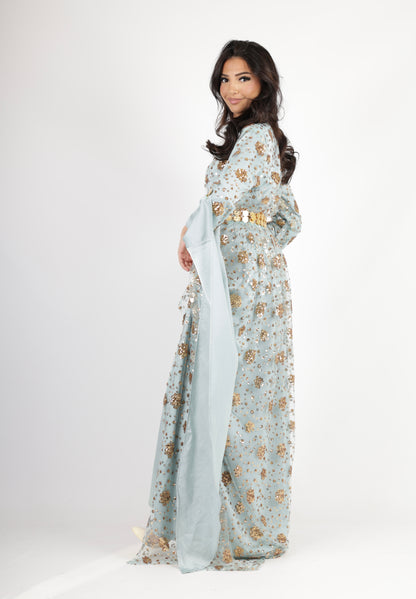 Chro Collection Badini Model – Blue Kurdish Dress with Golden Flowers (2-Piece Set)