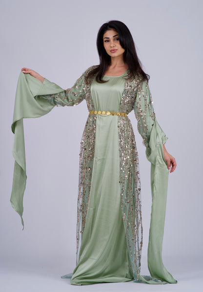 Elegant Green Kurdish Dress with Gold Embroidery – Perfect for Weddings & Newroz