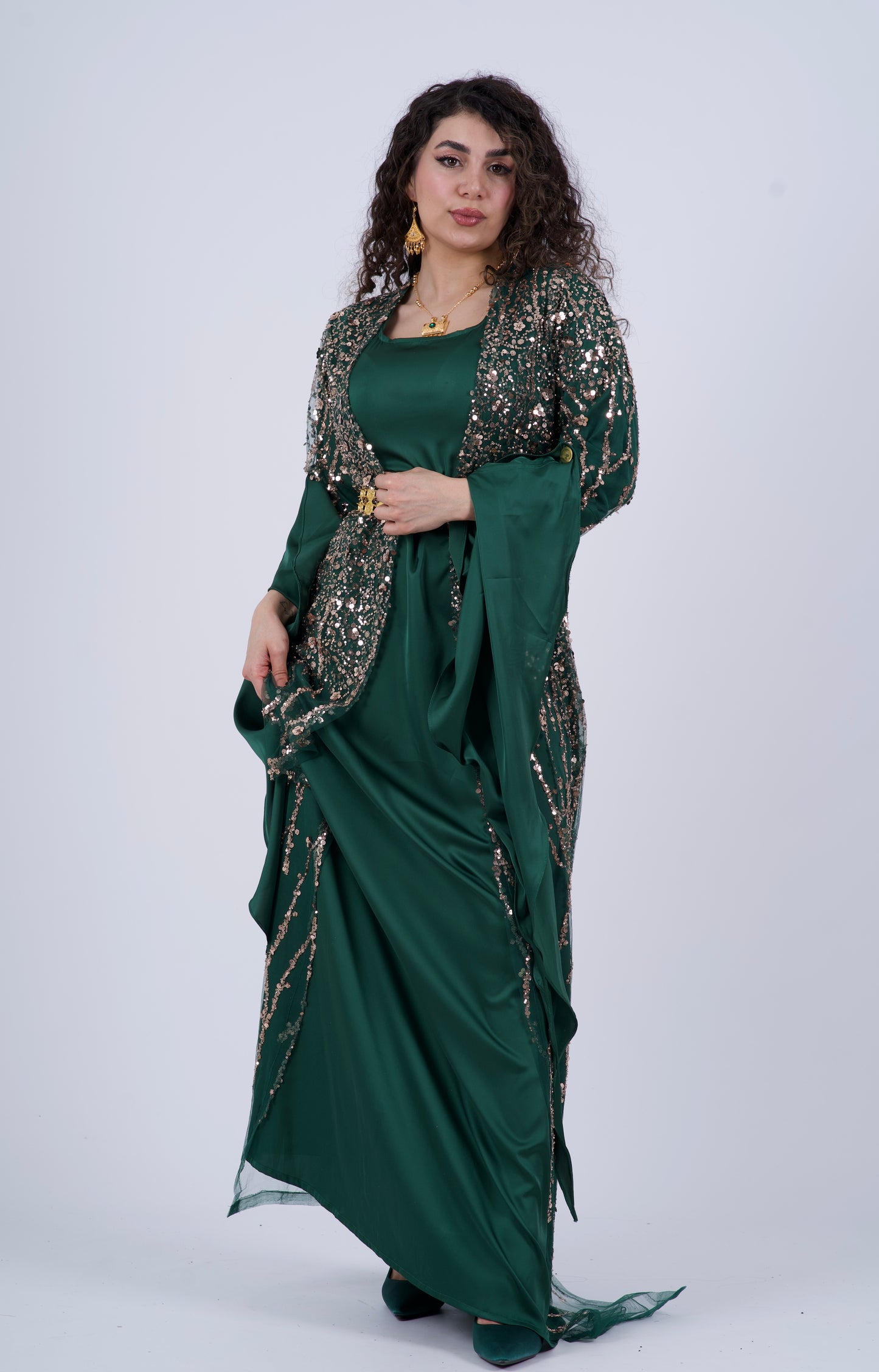 Elegant Green Kurdish Dress – Golden & Crystal Embroidery | Perfect for Newroz & Henna Nights