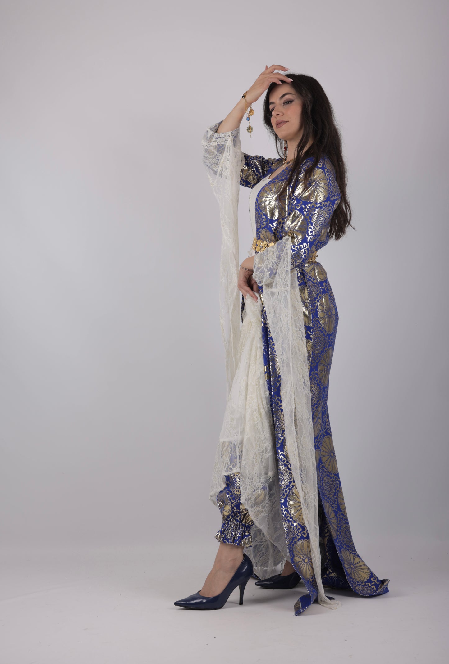 💙Hafse Xan Collection – 4-Piece Kurdish Dress Set (Golden, Carbon Blue Off-White)