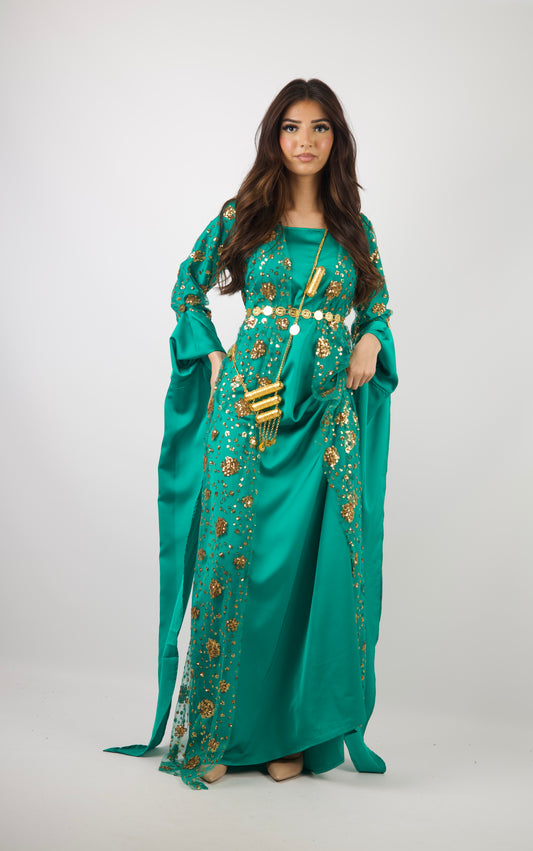 Chro Collection – Green Kurdish Dress with Golden Flower Embroidery (2-Piece Set)