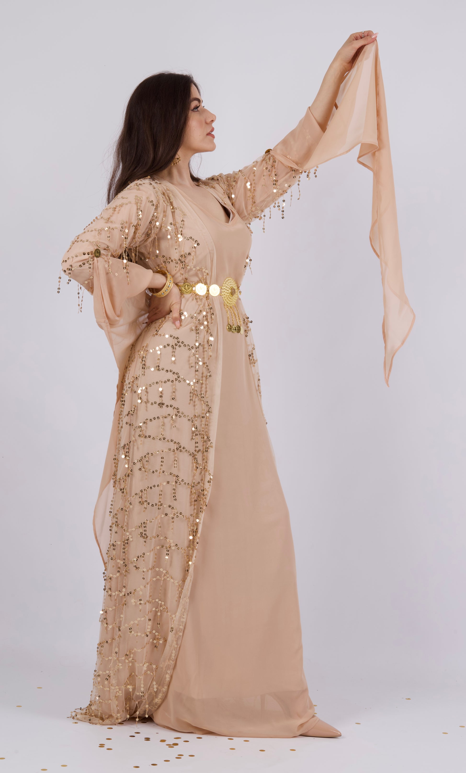 Larzane Beige with Golden Kurdish Dress Elegant Traditional Attire Kurdish Clothes by Kewsan Larzane Beige with Golden Kurdish Dress Elegant Traditional Attire Kurdish Clothes by Kewsan