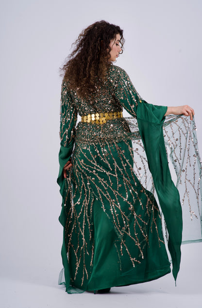 Elegant Green Kurdish Dress – Golden & Crystal Embroidery | Perfect for Newroz & Henna Nights