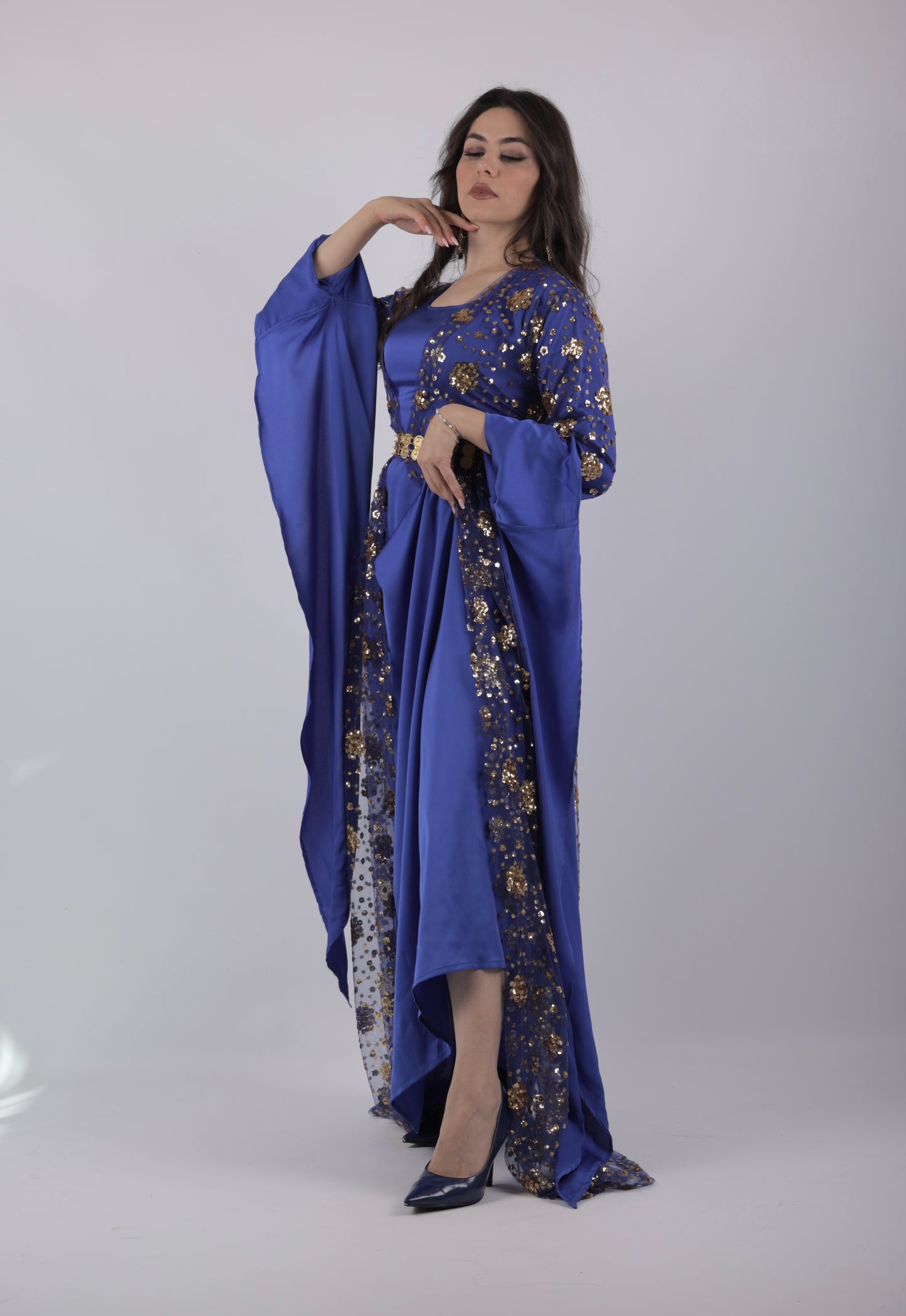 Chro Collection – Badini Model, Carbon Blue Kurdish Dress with Golden Flowers ( 2-Piece Set)