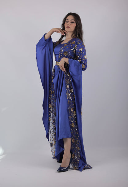 Chro Collection – Badini Model, Carbon Blue Kurdish Dress with Golden Flowers ( 2-Piece Set)