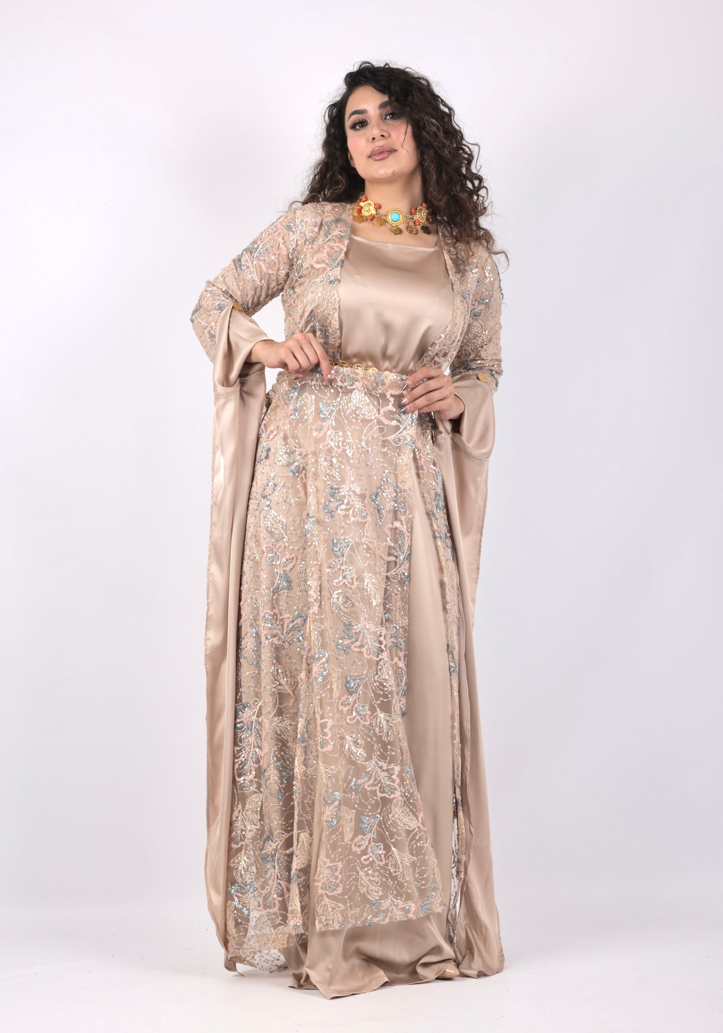 Xeyal Kurdish Dress – Coffee Brown with Pink & Turquoise | Elegant Traditional Kurdish Outfit