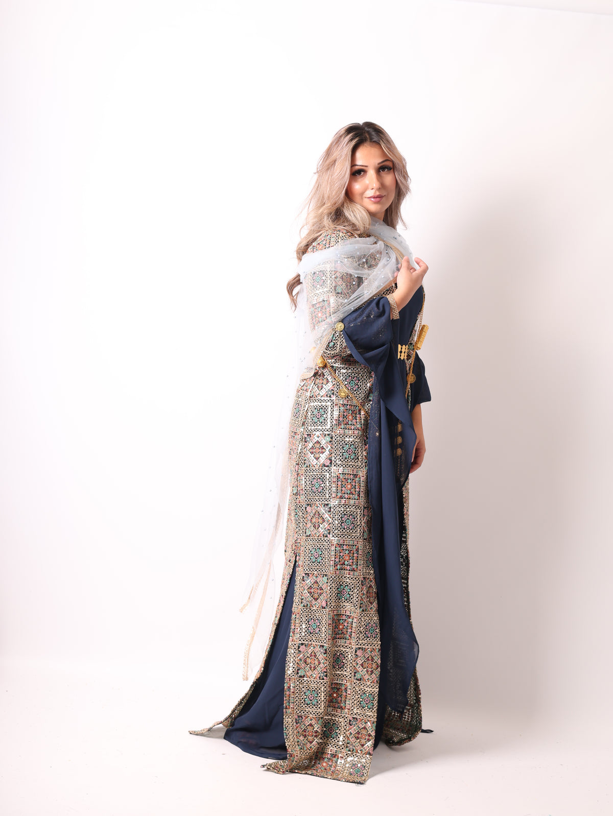 Judi/Cudi Kurdish Dress Navy blue  – Luxury Embroidered 4-Piece Se  Including Dasmal