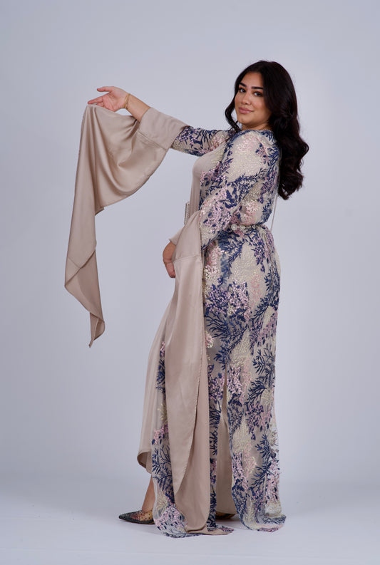 Baxan Collection Beige – Elegant Mesh Embroidered Kurdish Dress with Satin Silk Kiras