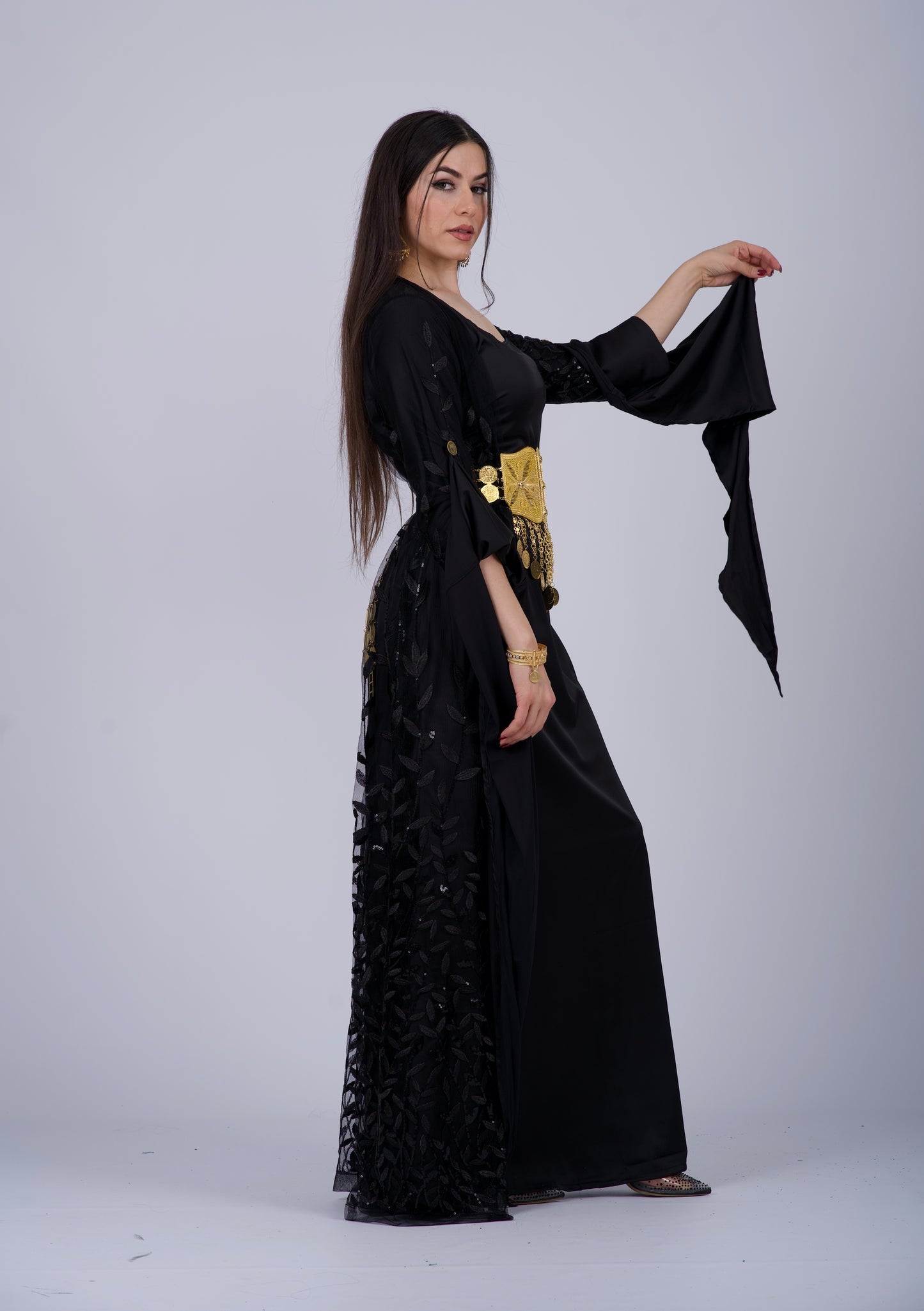 Elegant Black Kurdish Dress – Mesh Embroidered with Black Sequins