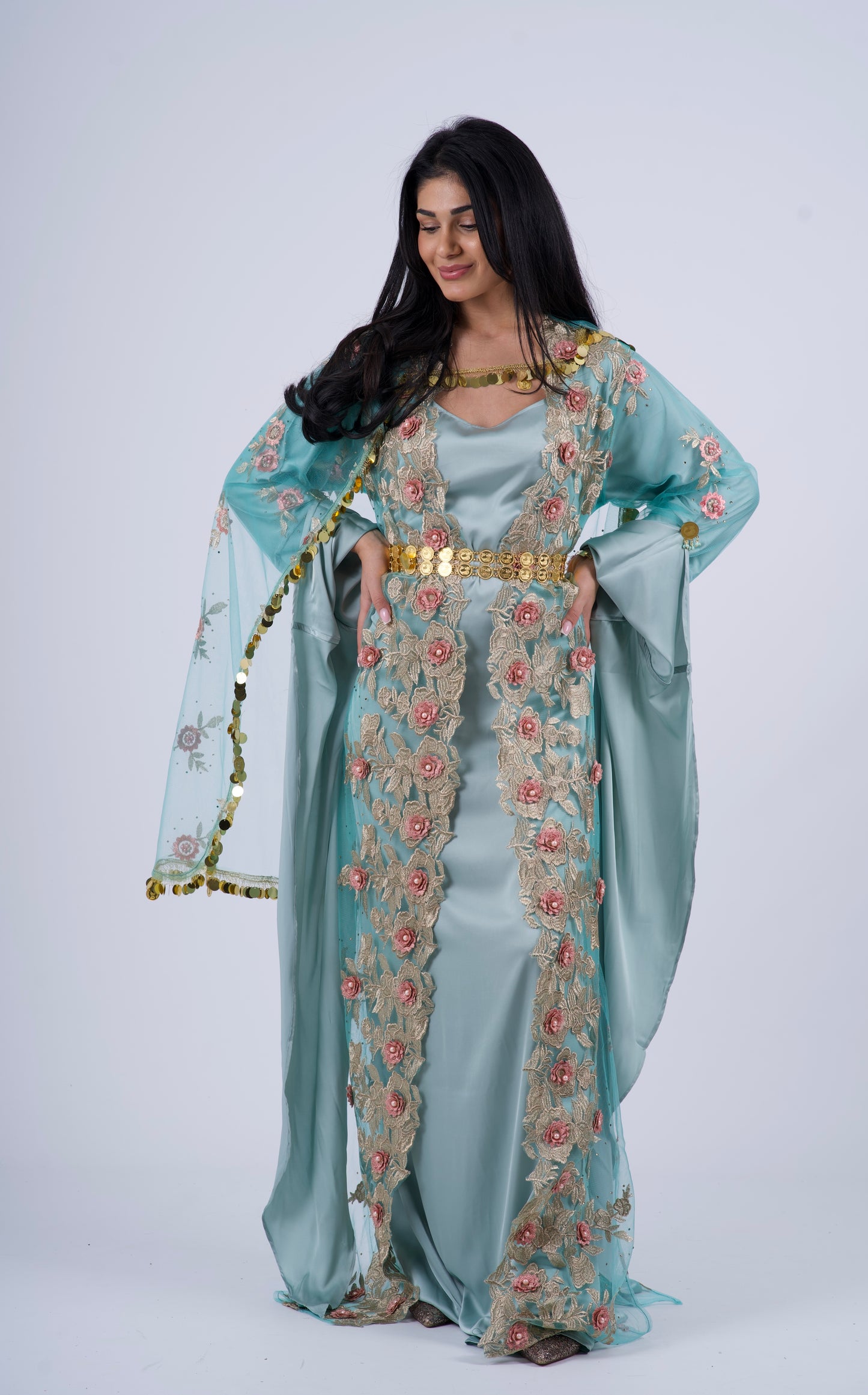 Turquoise Elegant 3-Piece Kurdish Clothing Set – Kawa, Kiras & Kolwane Golperîn