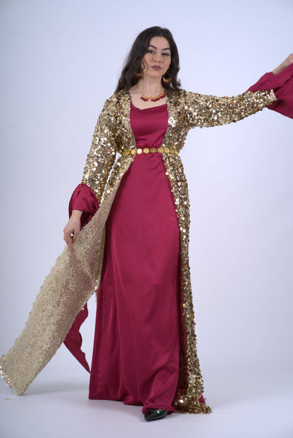 Golden Mixed size Sequins Kawa – Elegant Kurdish Kaftan | Traditional Kurdish Dress- with Kiras  RED Burgundy 2 items