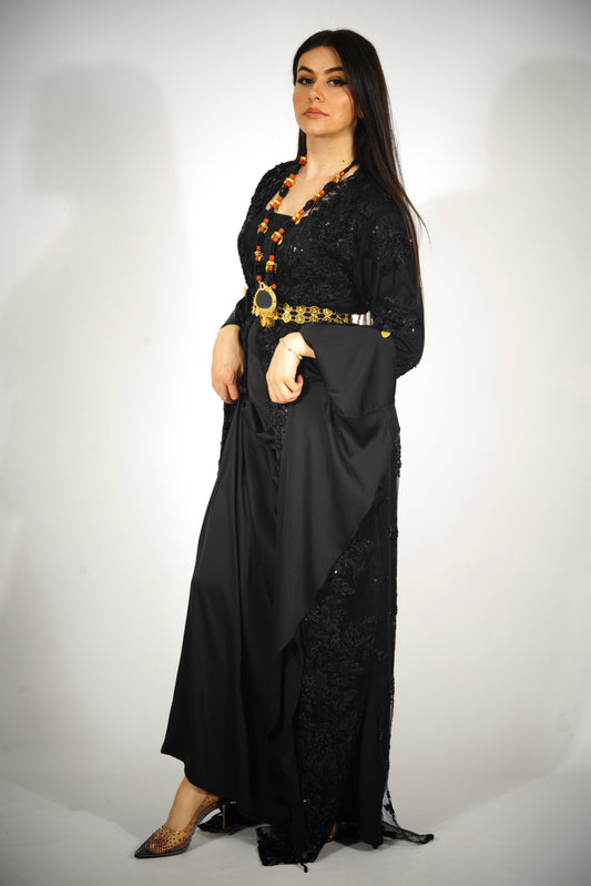 🖤 ​​Dilber – 2-teiliges schwarzes kurdisches Kleid mit Kristallstickerei
