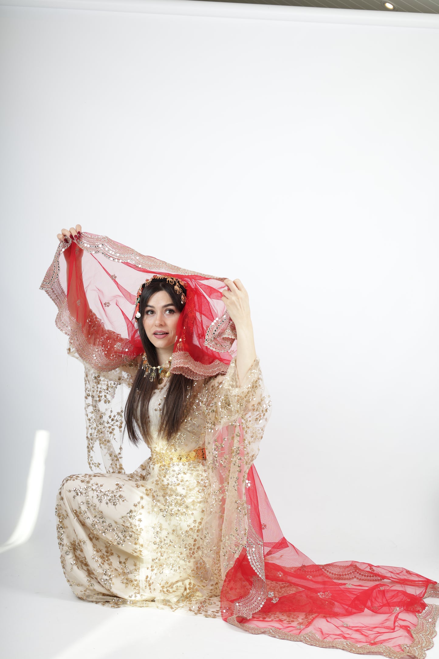 Shkofa Collection – Gold Sequin Embroidered Kras & Kawa and red long veil