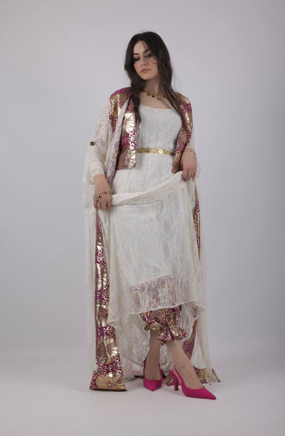 🩷 Zerin Collection – 5-Piece Kurdish Dress Set (Golden, Maroon Off-White)