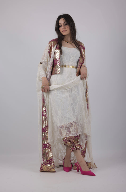 🩷 Zerin Collection – 5-Piece Kurdish Dress Set (Golden, Maroon Off-White)