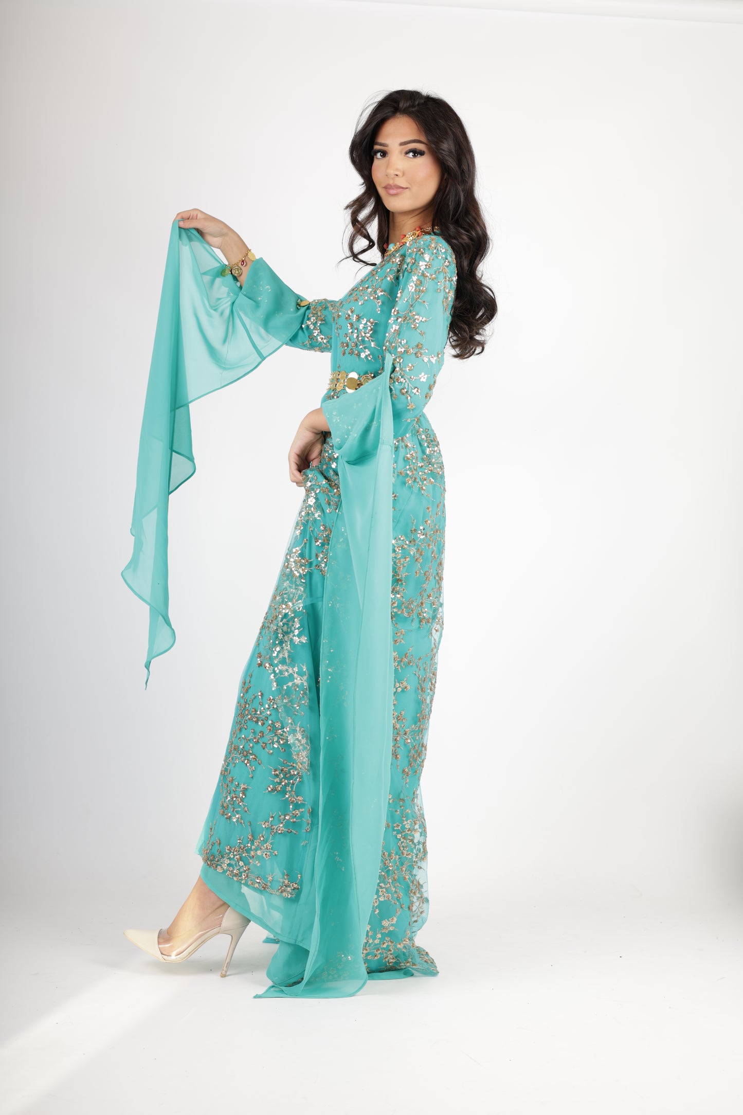 Shkofe Turquoise Gold – Traditional Kurdish Dress with Golden Embroidery 3 items ( kawa , kras, underwear)