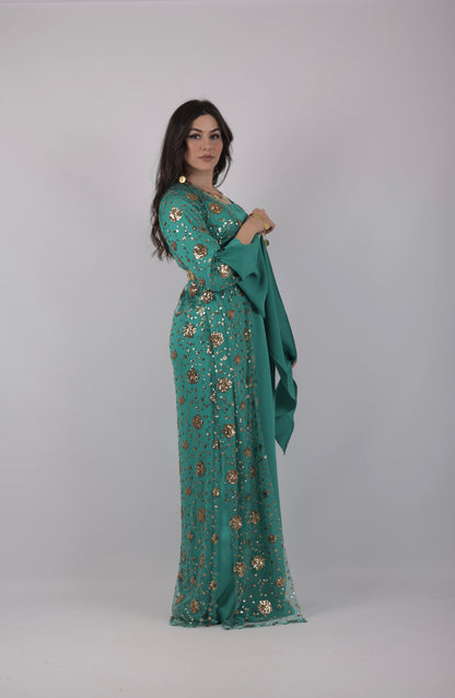 Chro Collection – Green Kurdish Dress with Golden Flower Embroidery (2-Piece Set)