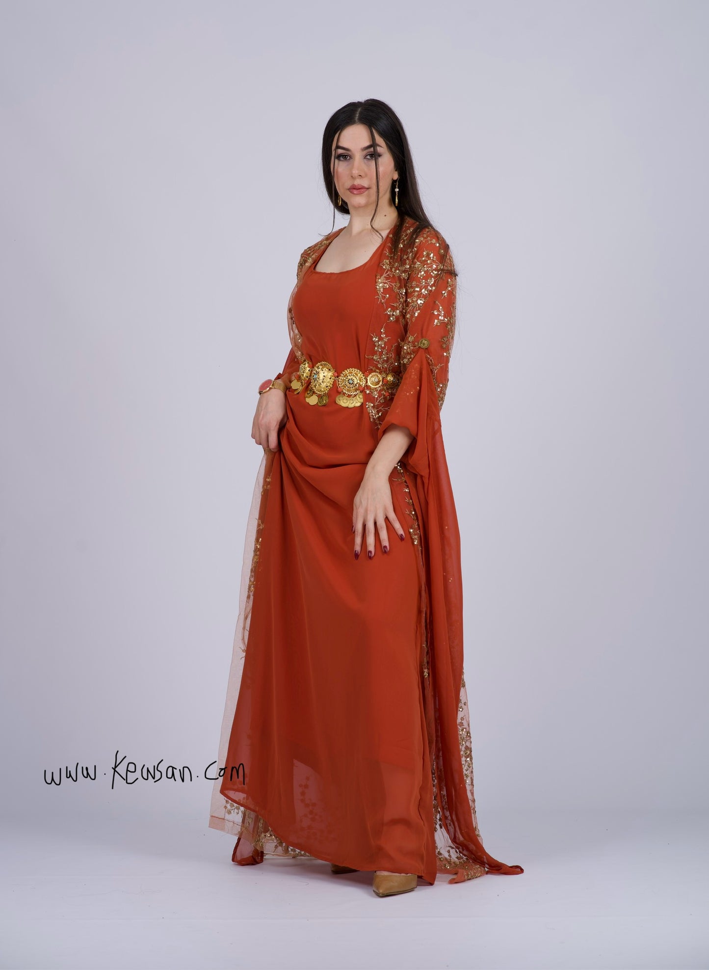 Shkofa – Elegant Kurdish Dress with Golden Sequins Embroidery