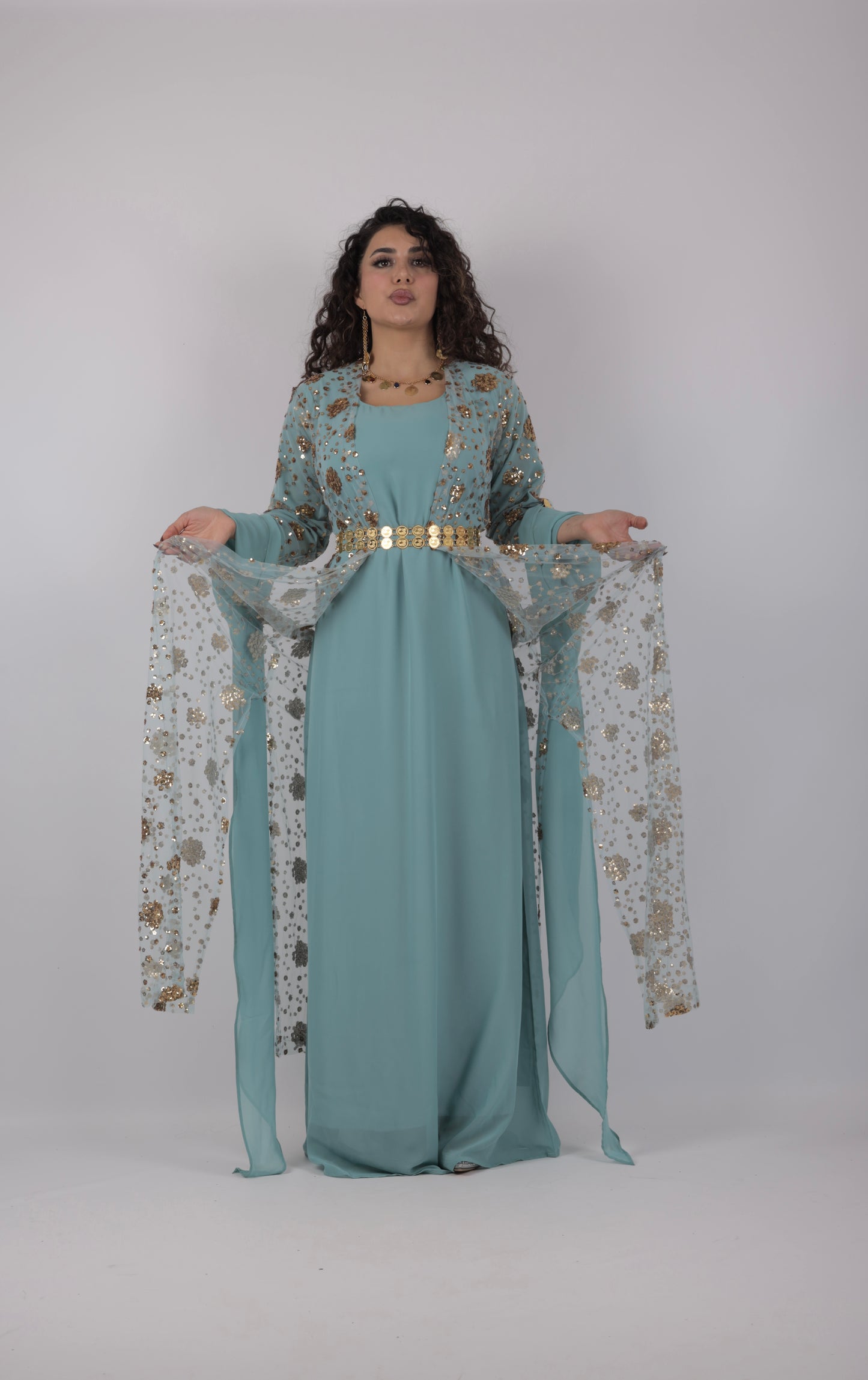 Chro Collection – Sky Blue Kurdish Dress with Golden Sequin Flowers ( 3 items)