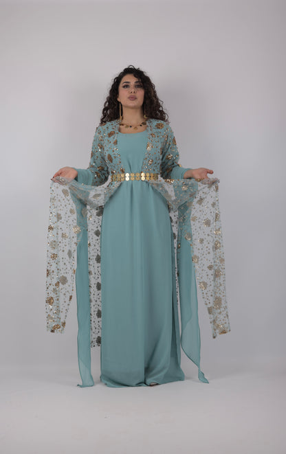 Chro Collection – Sky Blue Kurdish Dress with Golden Sequin Flowers ( 3 items)
