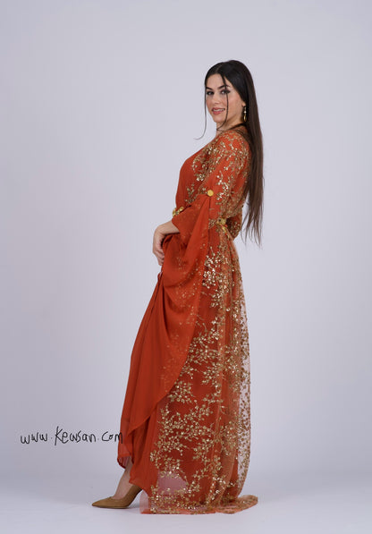 Shkofa – Elegant Kurdish Dress with Golden Sequins Embroidery