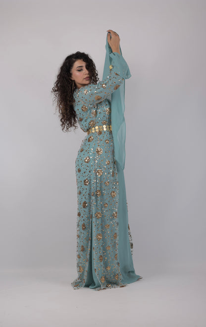 Chro Collection – Sky Blue Kurdish Dress with Golden Sequin Flowers ( 3 items)