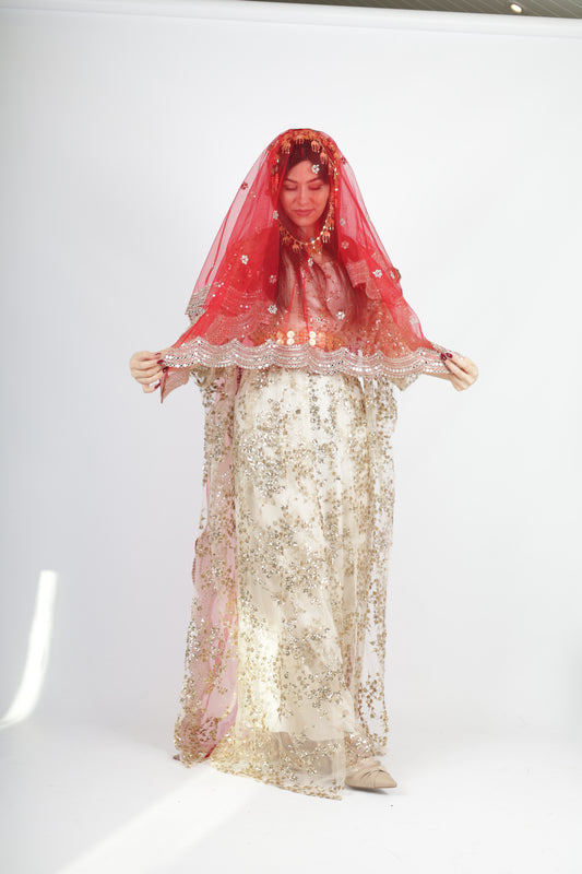Shkofa Collection – Gold Sequin Embroidered Kras & Kawa and red long veil