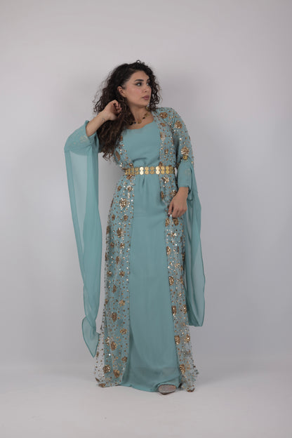 Chro Collection – Sky Blue Kurdish Dress with Golden Sequin Flowers ( 3 items)