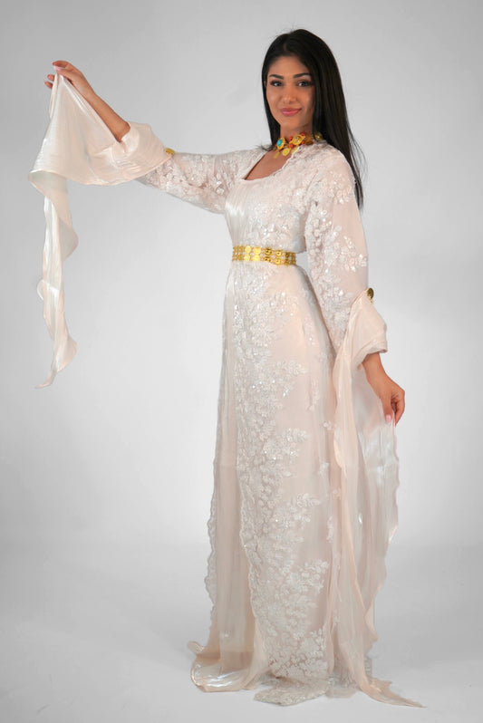 Dilber Collection – 3-Piece white with light Baby Rose Kurdish Bridal Dress