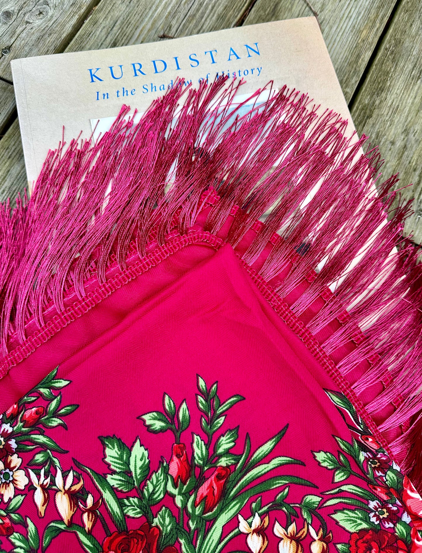 Hot Pink Floral Scarf | 110x110 cm | Luxurious Soft Touch with Tassels