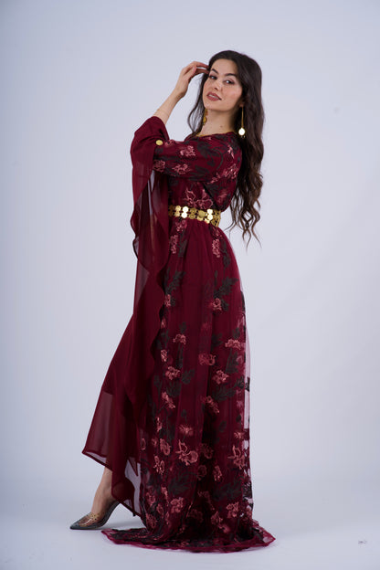 Badini KurdishDress– Burgundy with Dark Green Flowers