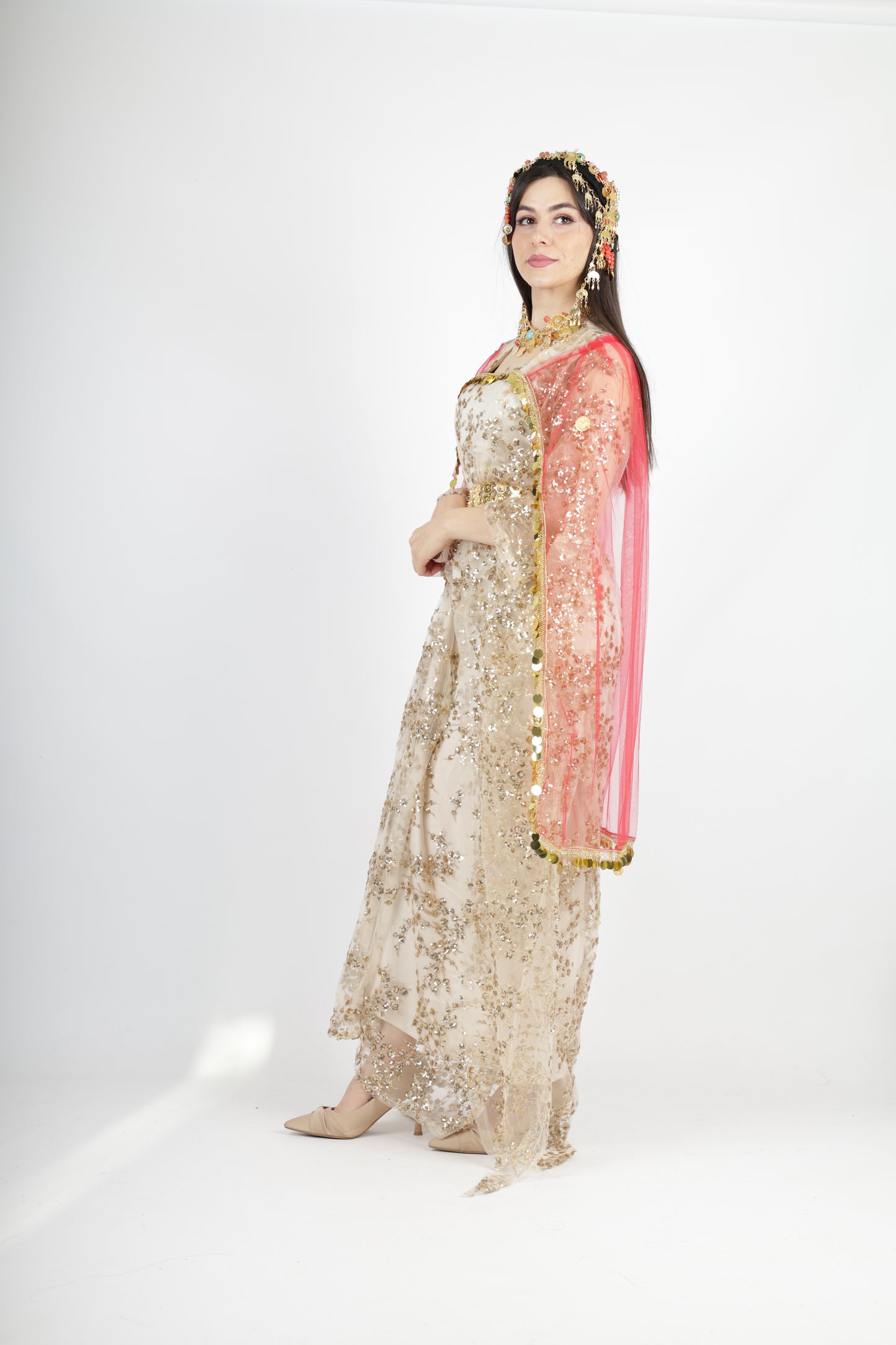 Shkofa Collection – Gold Sequin Embroidered Kras & Kawa and Red Kolwane