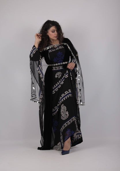Golwanî, Hawrî Kiras & carbon blue  with kawa Velvet – Traditional Kurdish 4 Piece Dress