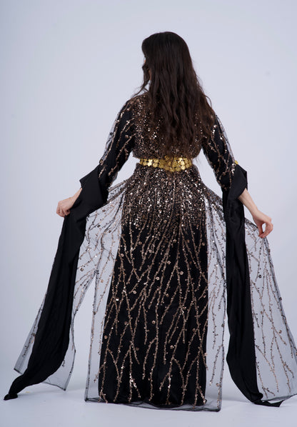 Newroz Kurdish Dress – Black & Gold Sequin Embroidery with Adjustable Satin Silk Kiras