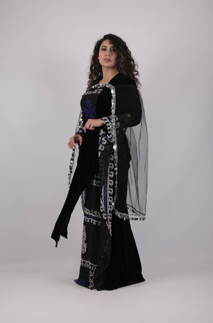 Golwanî, Hawrî Kiras & carbon blue  with kawa Velvet – Traditional Kurdish 4 Piece Dress